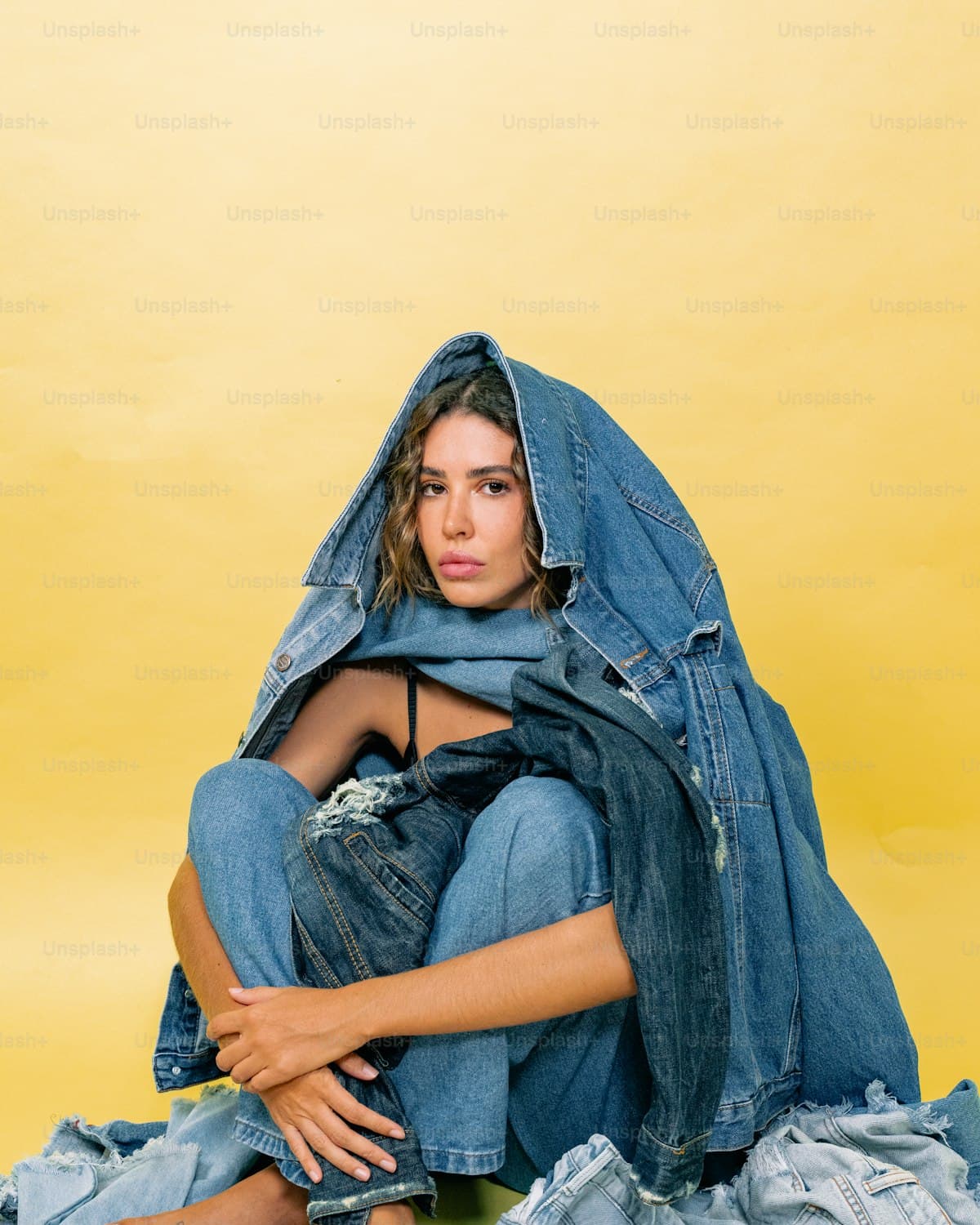 Oversized mid-blue denim jacket, front view