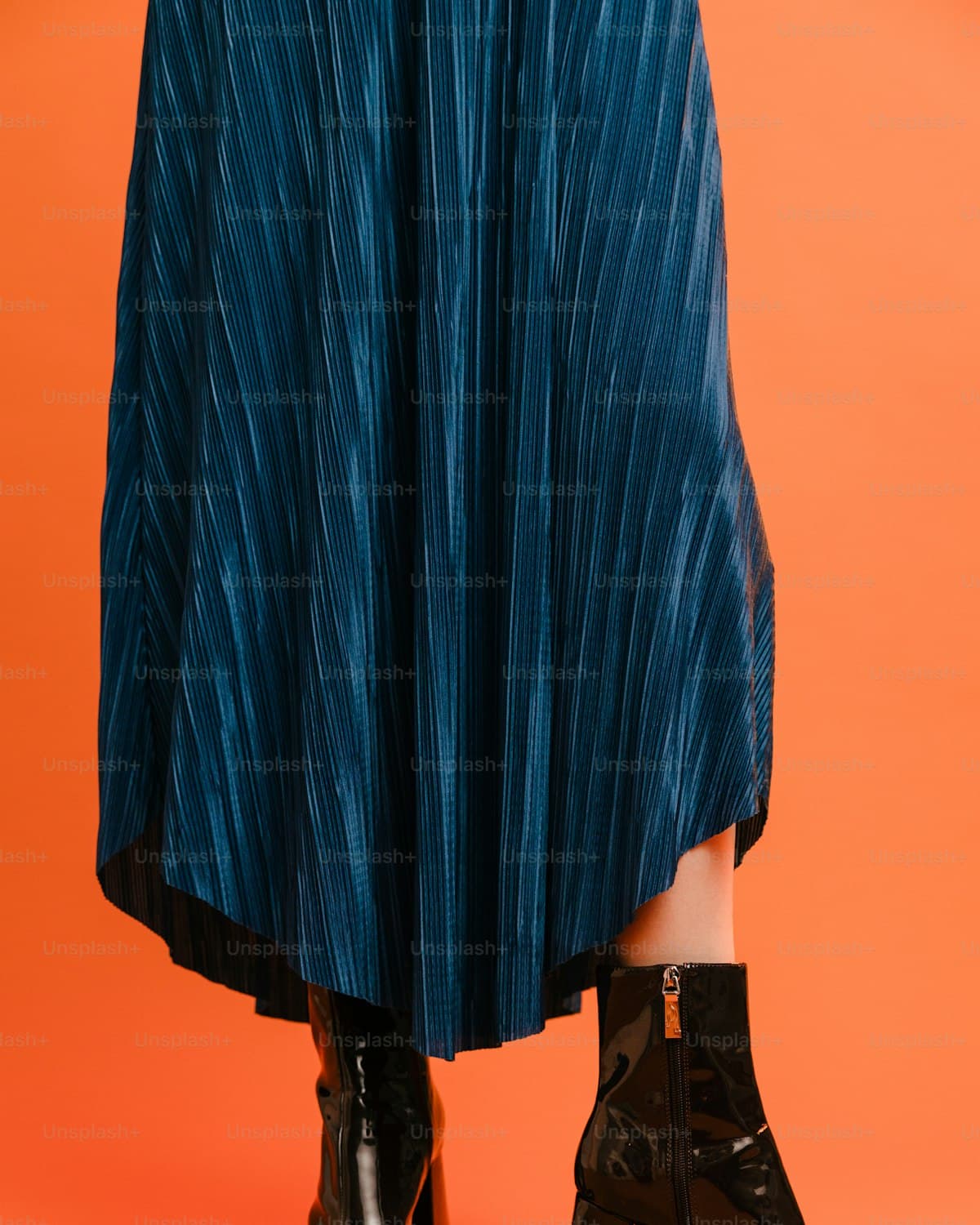 Champagne satin pleated midi skirt, front view